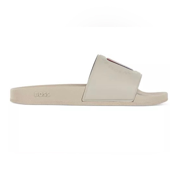 BOSS & NBA SLIDES WITH COLLABORATIVE BRANDING. BRAND NEW, SIZE 10 light beige
